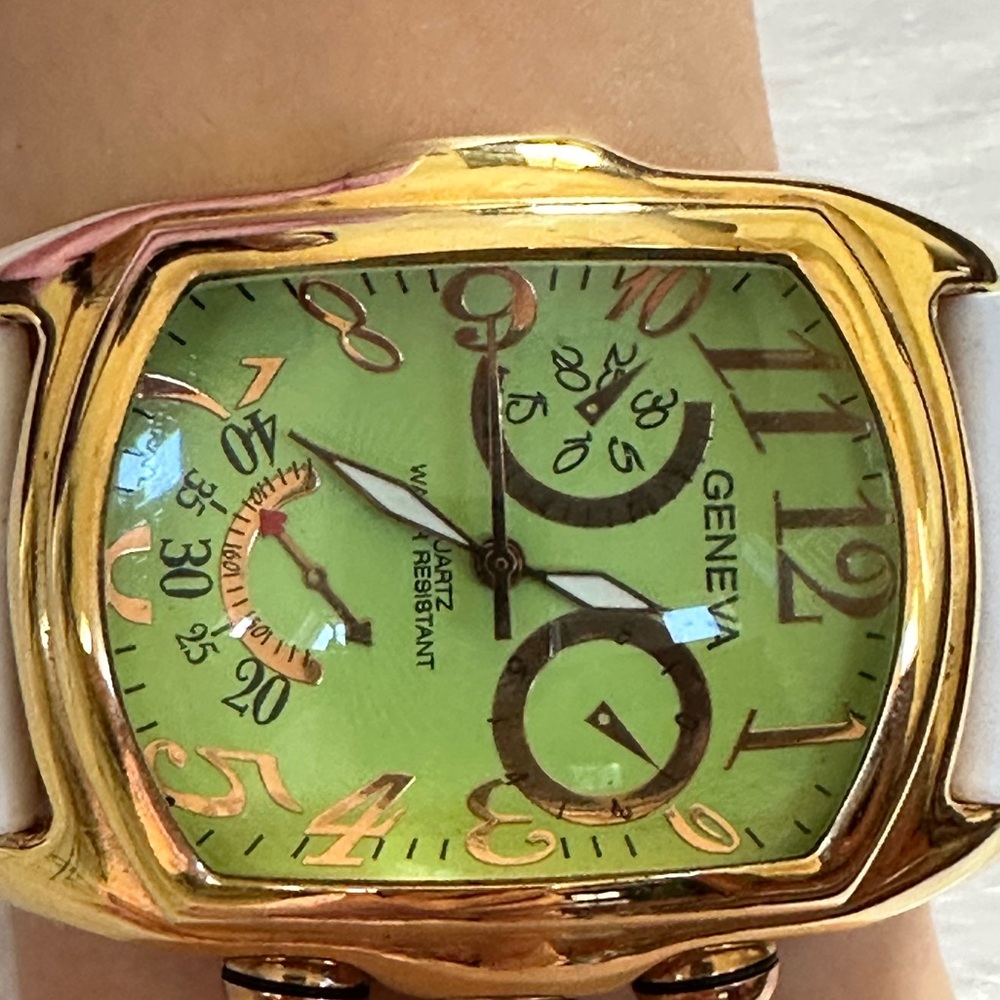 Geneva Gold and Green Chronograph Watch with White Band - Picture 7 of 11